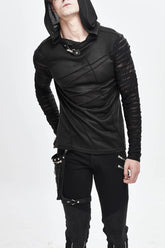Black Collar Metal Button Irregular Striped Patchwork Bandage Hooded Men's Punk T-Shirt